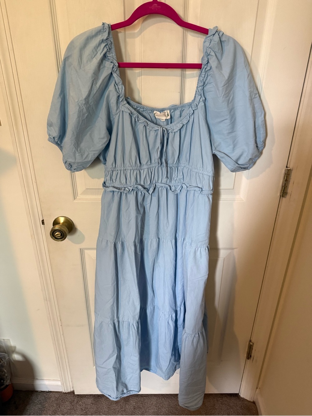 Love Riche Pale Blue Puff-Sleeve Tiered Midi Dress